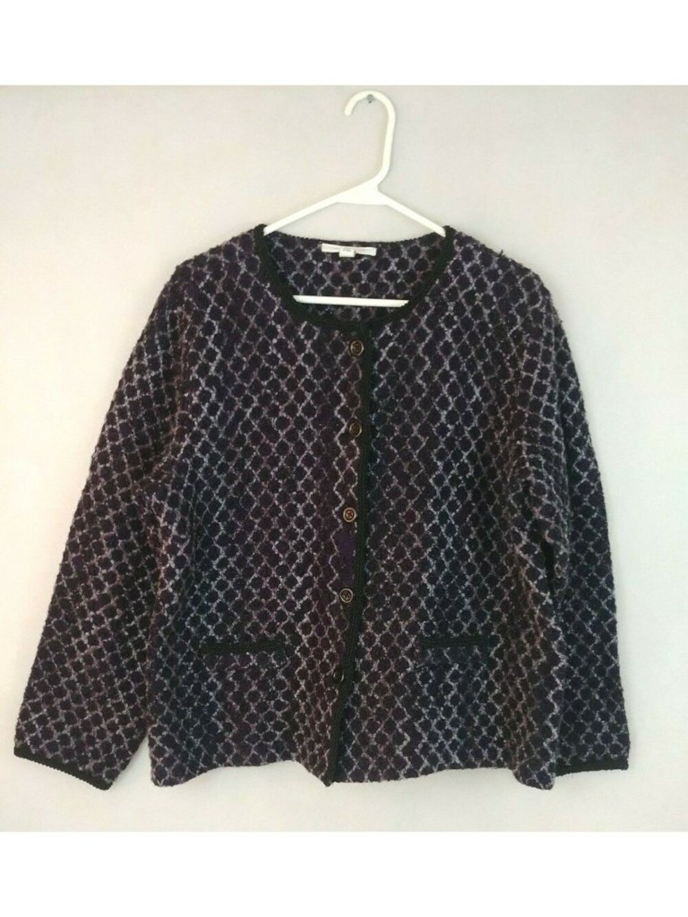 JM Collection Sz L Button Up Long Sleeve Black/Purple Sparkly Cardigan Sweater